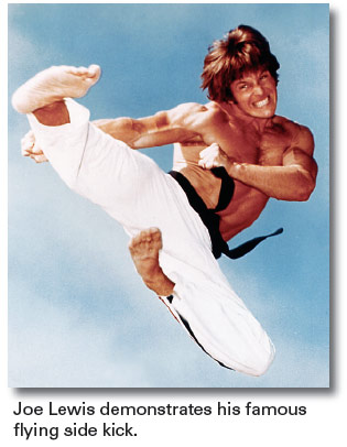 Joe Lewis demonstrates his famous flying side kick.
