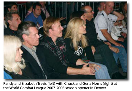 Randy and Elizabeth Travis (left) with Chuck and Gena Norris (right) at the World Combat League 2007-2008 season opener in Denver.