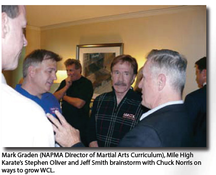 Mark Graden (NAPMA Director of Martial Arts Curriculum), Mile High Karate’s Stephen Oliver and Jeff Smith brainstorm with Chuck Norris on ways to grow WCL.