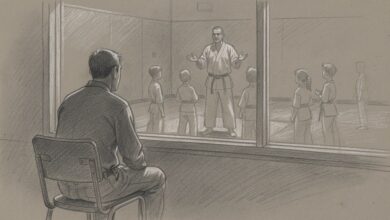 A parent watching a children's martial arts class through the studio window
