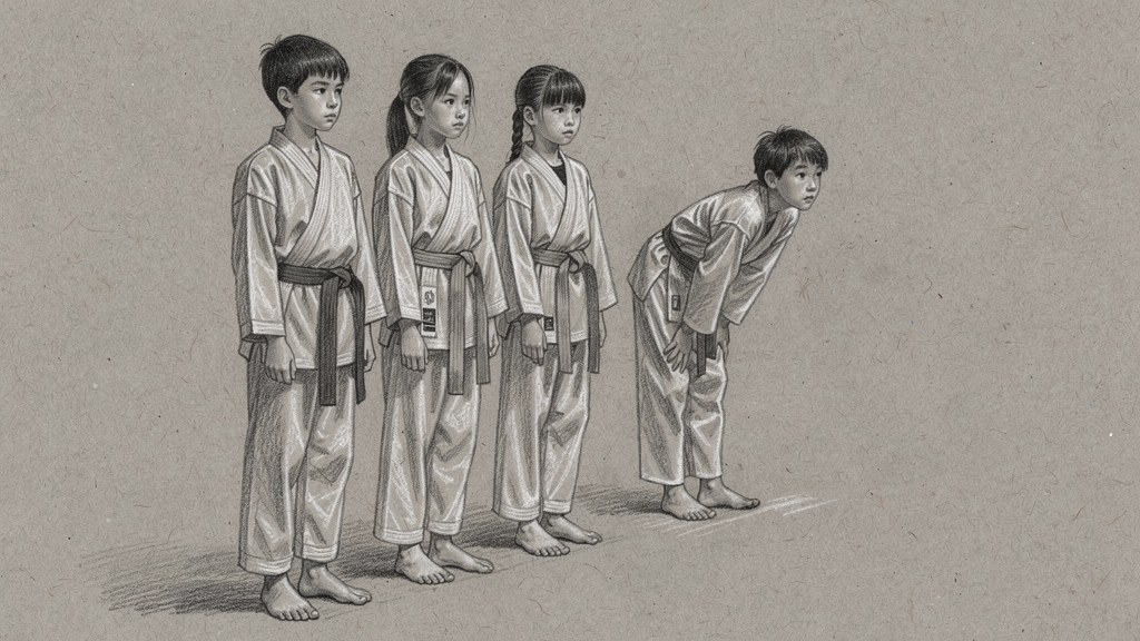 Four young students standing in line, one of them slouched and looking away