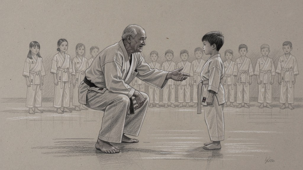 An instructor kneeling in front of a young student while the rest of the class watches