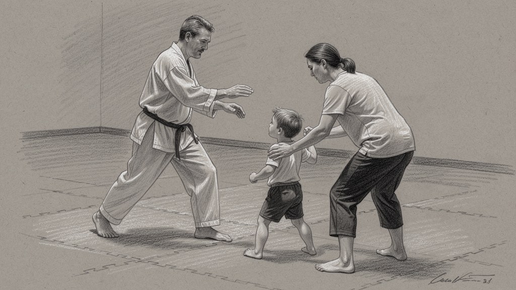An instructor teaching a small child on the mat while a parent helps