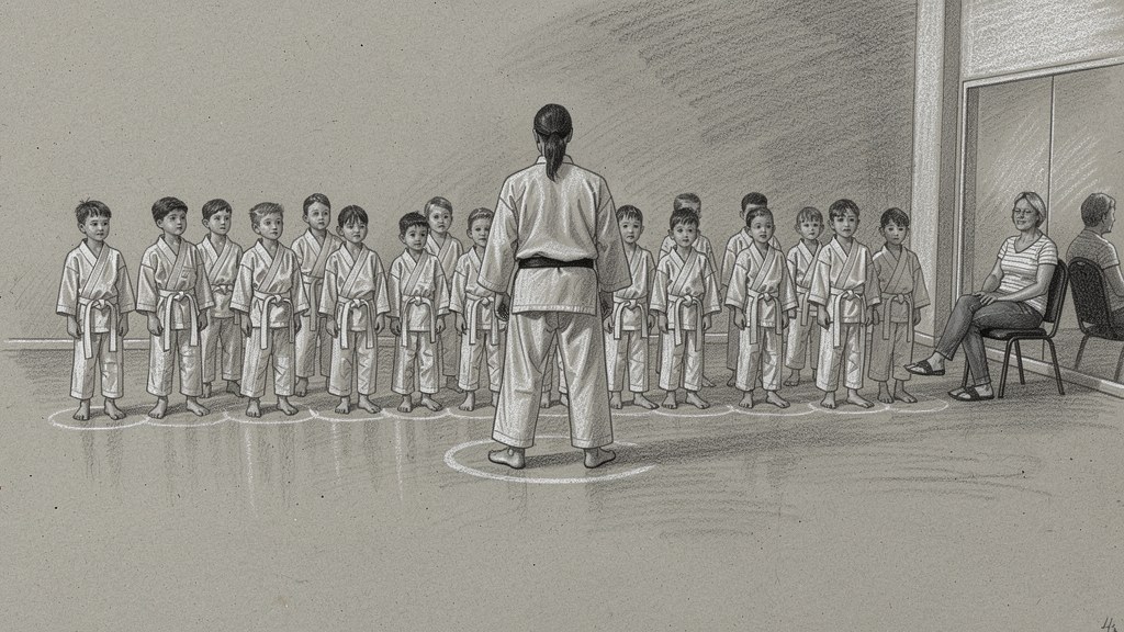An instructor facing a full class of children standing on floor markers