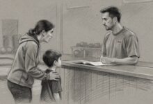 A parent and child at the front counter of a martial arts school, talking with a staff member