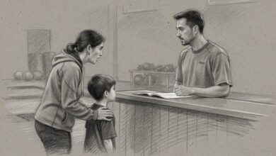 A parent and child at the front counter of a martial arts school, talking with a staff member
