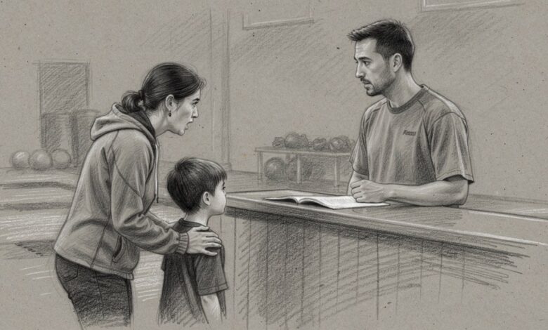 A parent and child at the front counter of a martial arts school, talking with a staff member