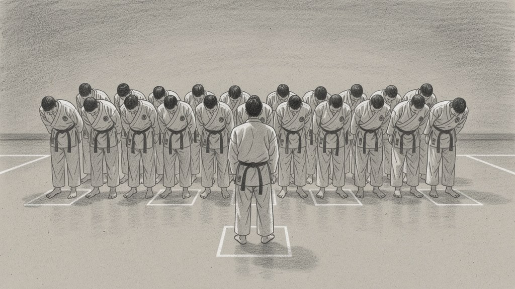 A class of students bowing in unison at the start of training