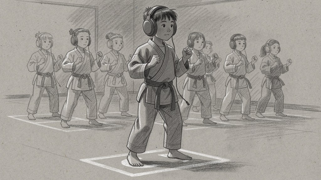 Students training in the regular class, several of them wearing ear defenders
