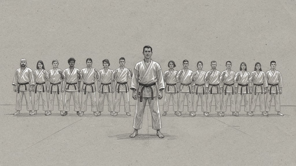 A full class of students of mixed ages training together in one line