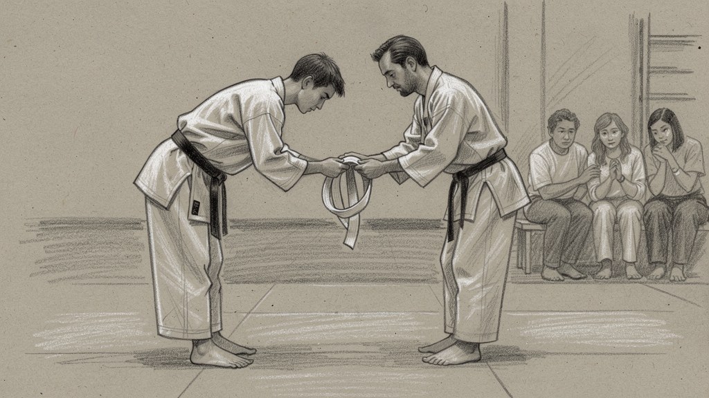 Two black belts bowing as a new belt is presented, with families watching from chairs