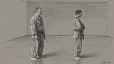 Two instructors standing apart in an empty training hall, not speaking