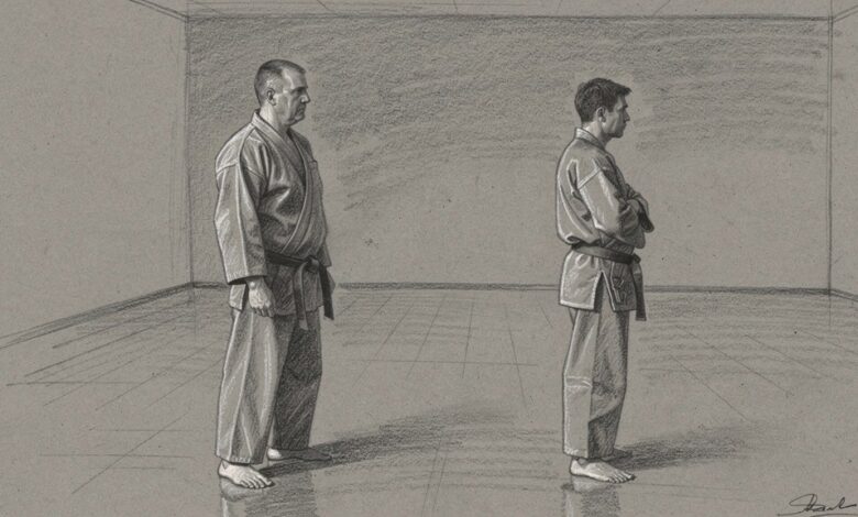 Two instructors standing apart in an empty training hall, not speaking