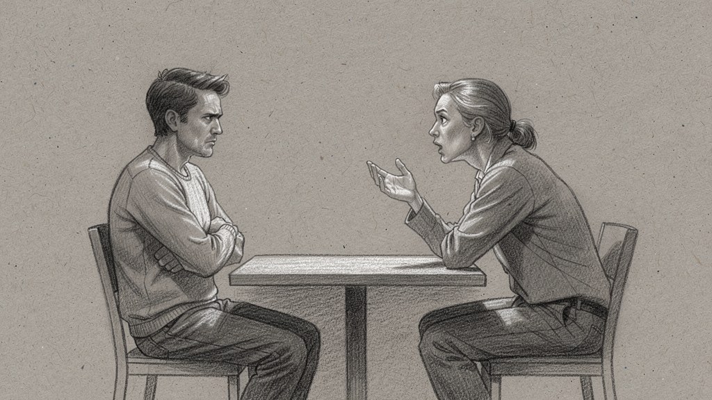 Two people sitting across a table, one speaking sharply while the other sits with arms folded
