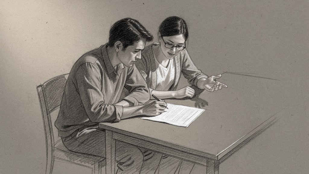 Two people working through a written document together at a table