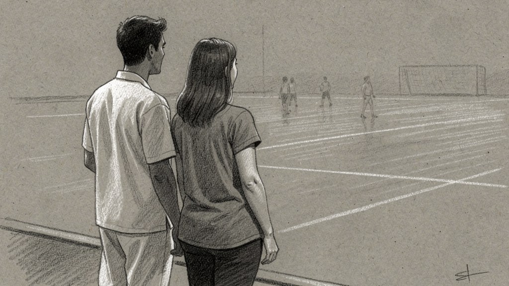 An instructor and a parent standing side by side at the edge of a playing field