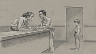 Two instructors talking at the school's front counter while a young student waits nearby