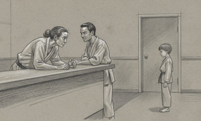 Two instructors talking at the school's front counter while a young student waits nearby