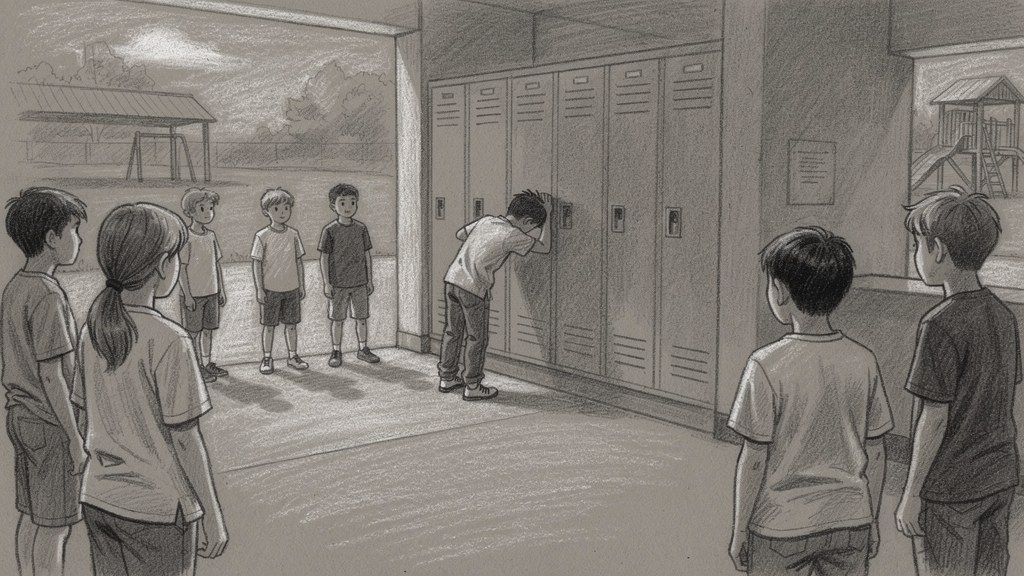 Children standing and watching while a boy is pushed against the school lockers