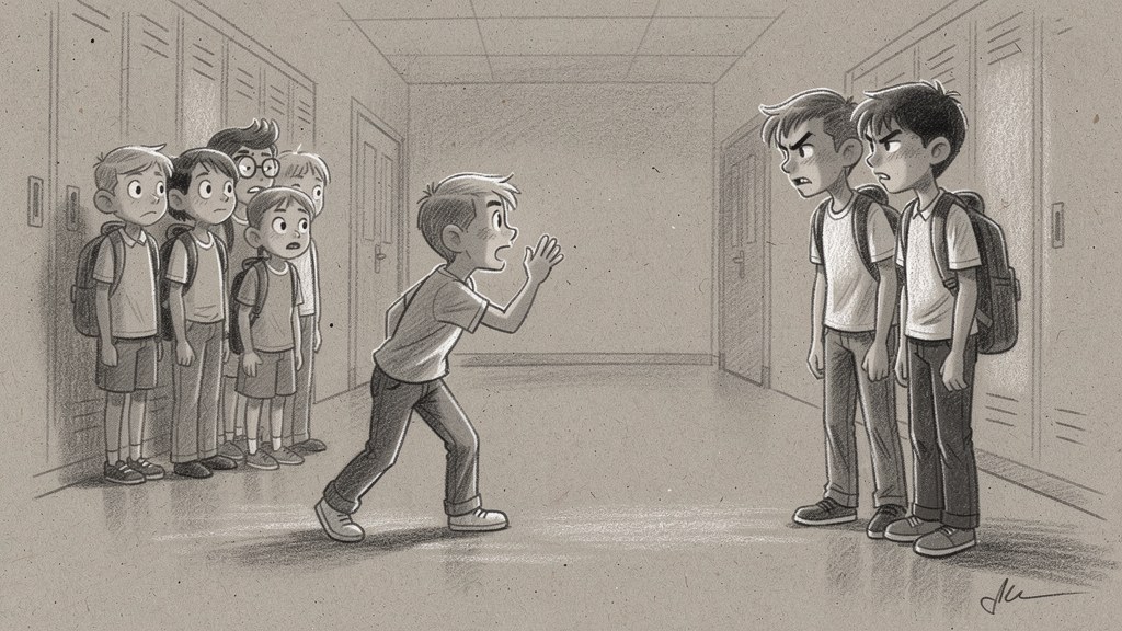 A boy stepping in between two older students in a school hallway
