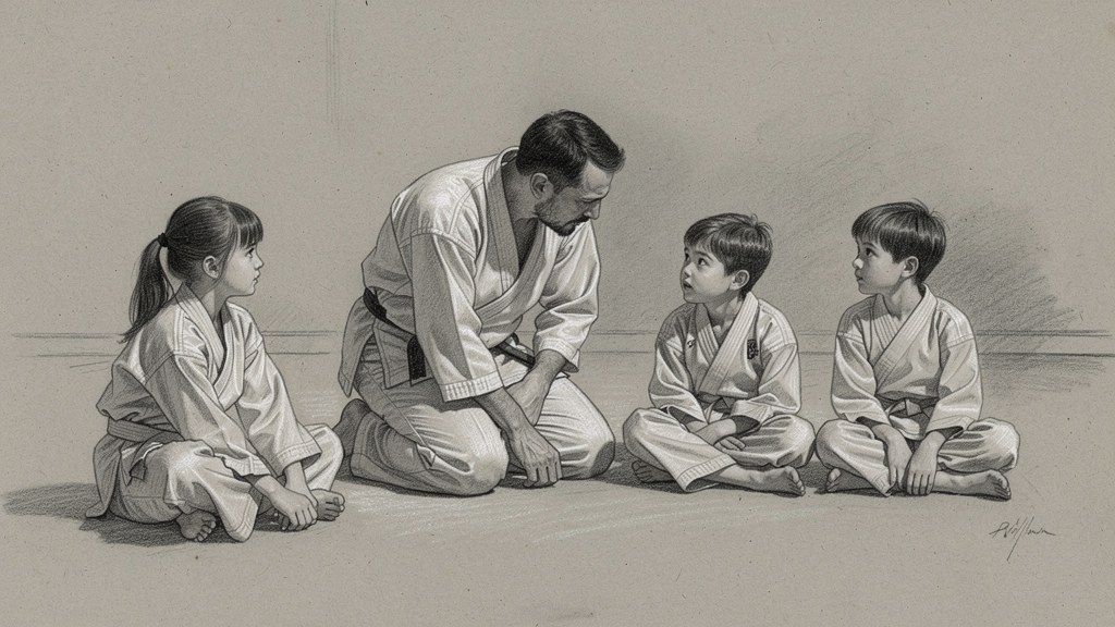 An instructor kneeling on the mat talking with three young students