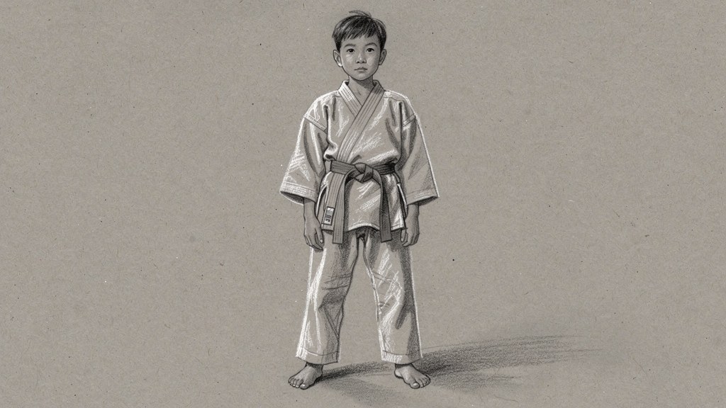 A young student in uniform standing calmly, facing forward