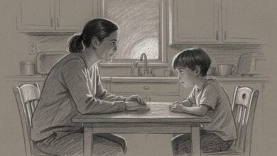 A parent and child talking across the kitchen table