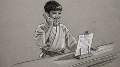 A student answering the telephone at the school's front counter beside a call sheet