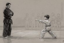 An instructor standing at the edge of the training floor watching a young student work through a form