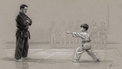 An instructor standing at the edge of the training floor watching a young student work through a form