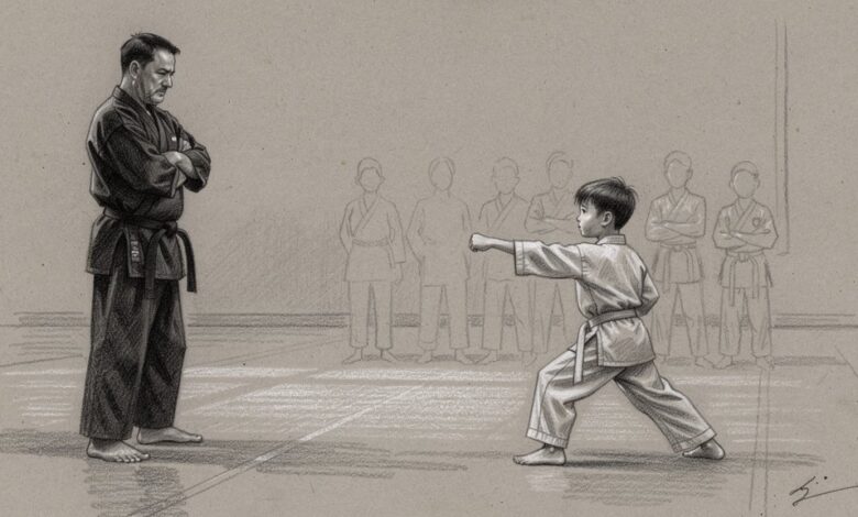 An instructor standing at the edge of the training floor watching a young student work through a form