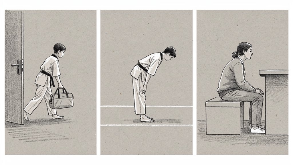 Three simple panels showing a student arriving at class, bowing on the floor, and a parent waiting at the counter