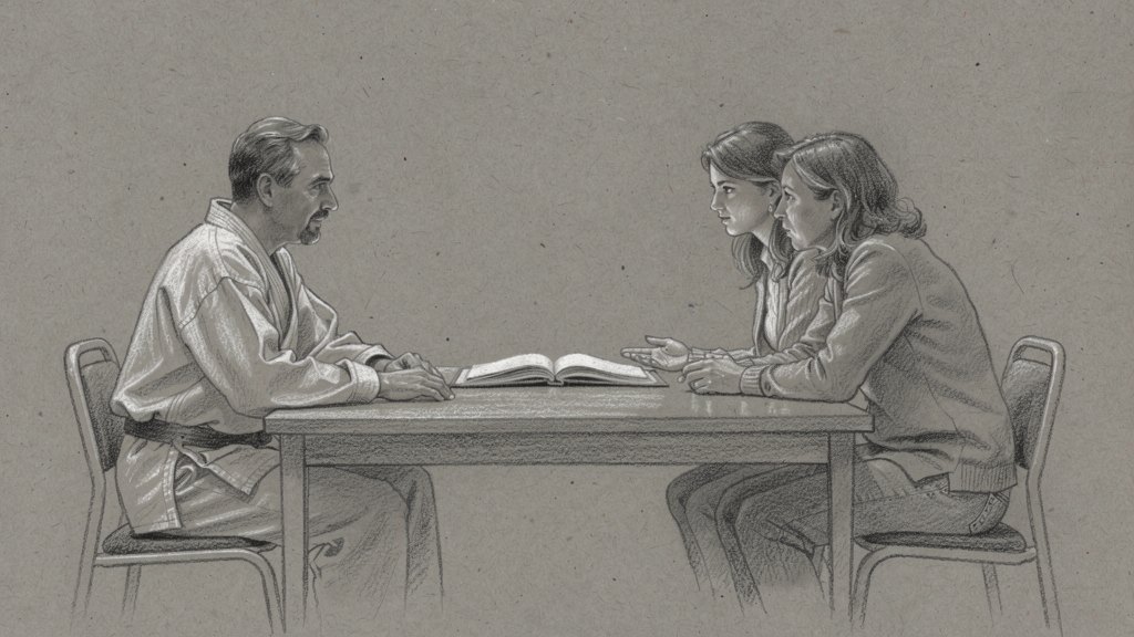 An instructor seated across a low table from two parents, talking with them
