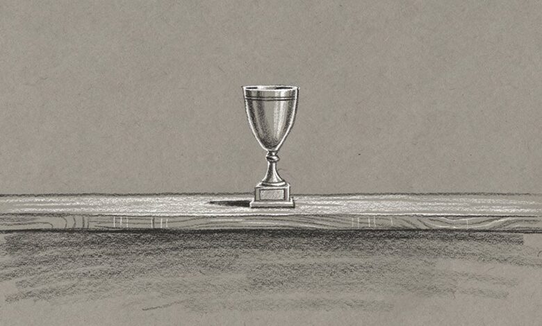 A single trophy alone on an otherwise empty shelf