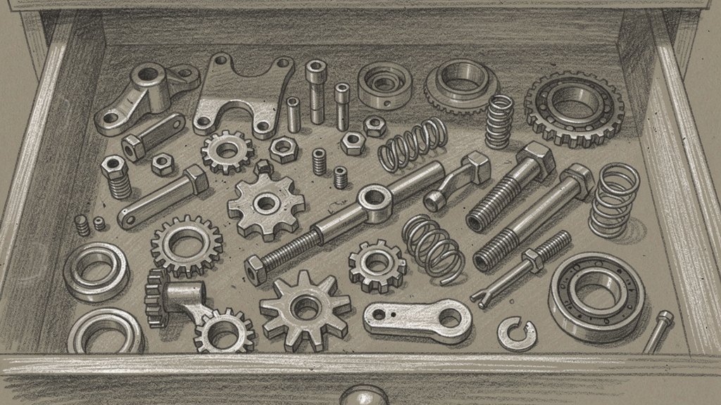 An open drawer full of assorted mismatched mechanical parts
