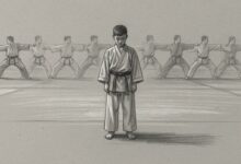 A young student standing still with head down while the rest of the class continues a form behind them