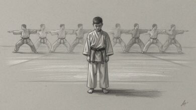 A young student standing still with head down while the rest of the class continues a form behind them
