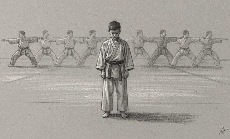 A young student standing still with head down while the rest of the class continues a form behind them