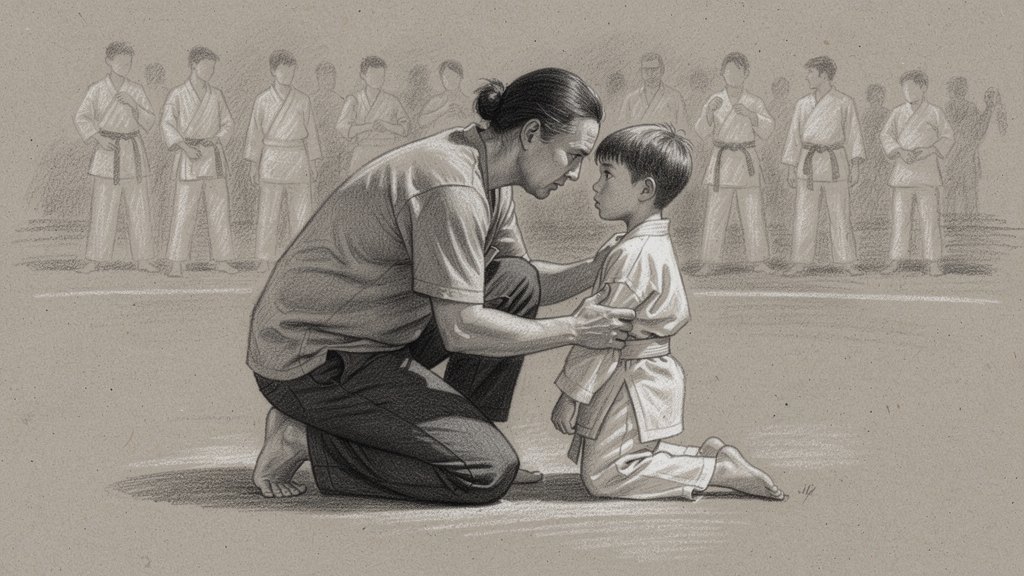 A parent crouched beside their child at the edge of the training floor, talking quietly