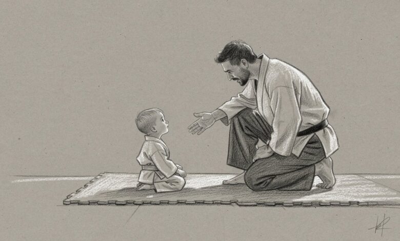 An instructor kneeling on the mat and reaching out a hand to a very young student sitting at eye level