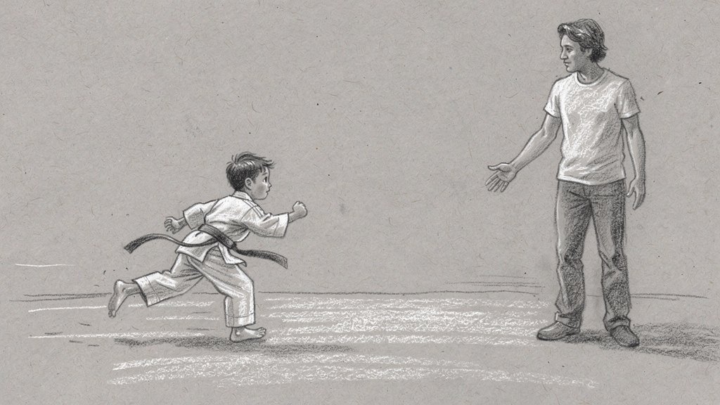 A child running back to a parent waiting at the edge of the training floor after class