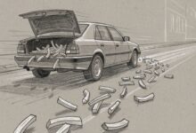 A getaway car speeding away with french fries spilling from the open trunk
