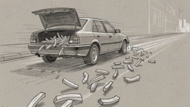 A getaway car speeding away with french fries spilling from the open trunk