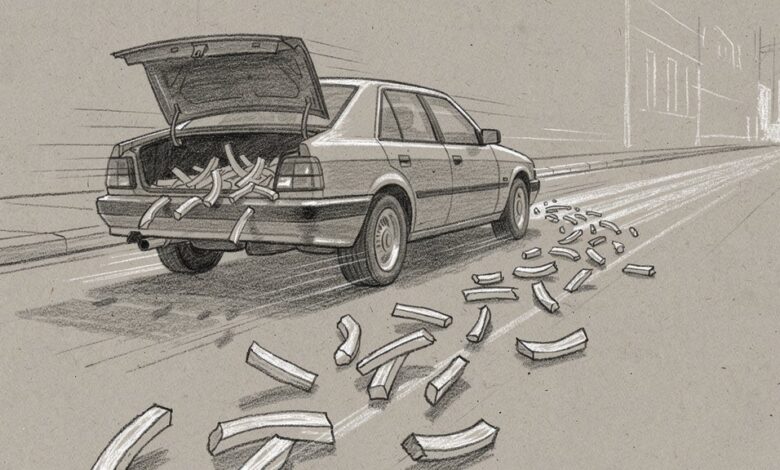 A getaway car speeding away with french fries spilling from the open trunk