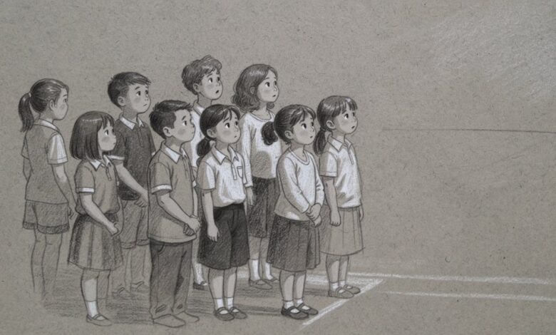 A group of children standing together watching something off to one side, none of them moving