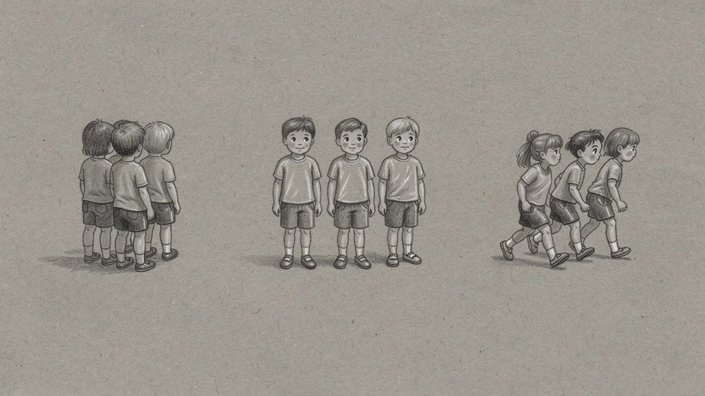 Three simple grouped figures showing proportions of children who do nothing, who want to help, and who help
