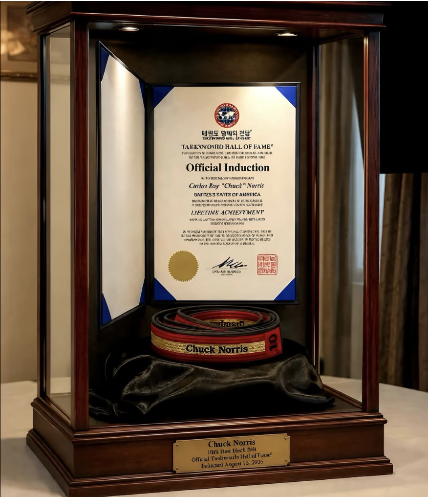 Chuck Norris's black belt and Official Induction certificate sealed inside a wood and glass display case