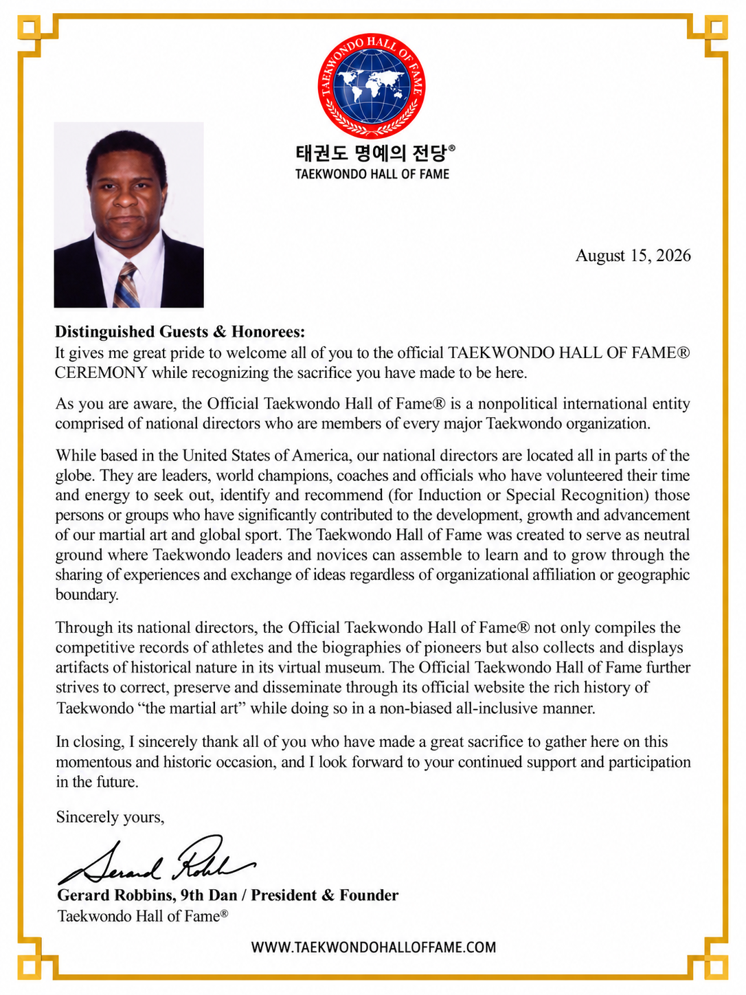 Welcome letter to guests and honorees from Grandmaster Gerard Robbins, President and Founder of the Taekwondo Hall of Fame, dated August 15, 2026