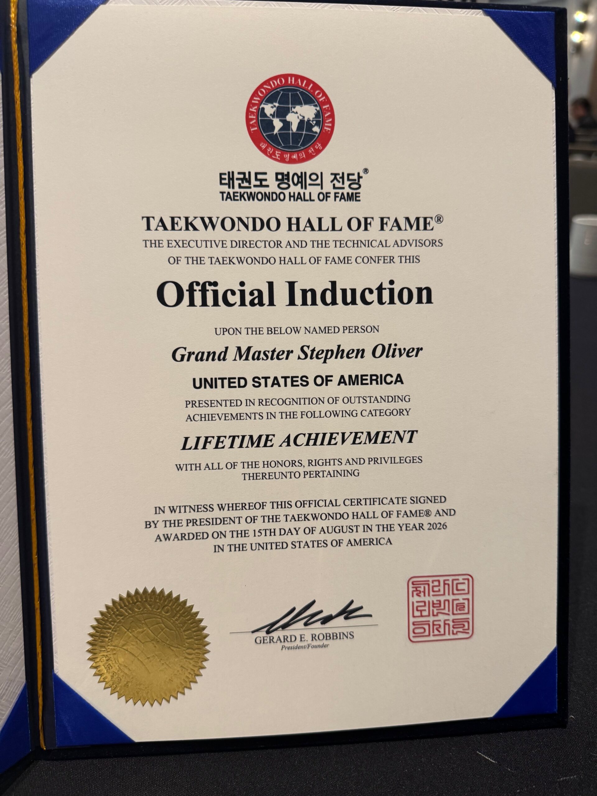 Official Induction certificate of the Taekwondo Hall of Fame awarded to Grand Master Stephen Oliver for Lifetime Achievement