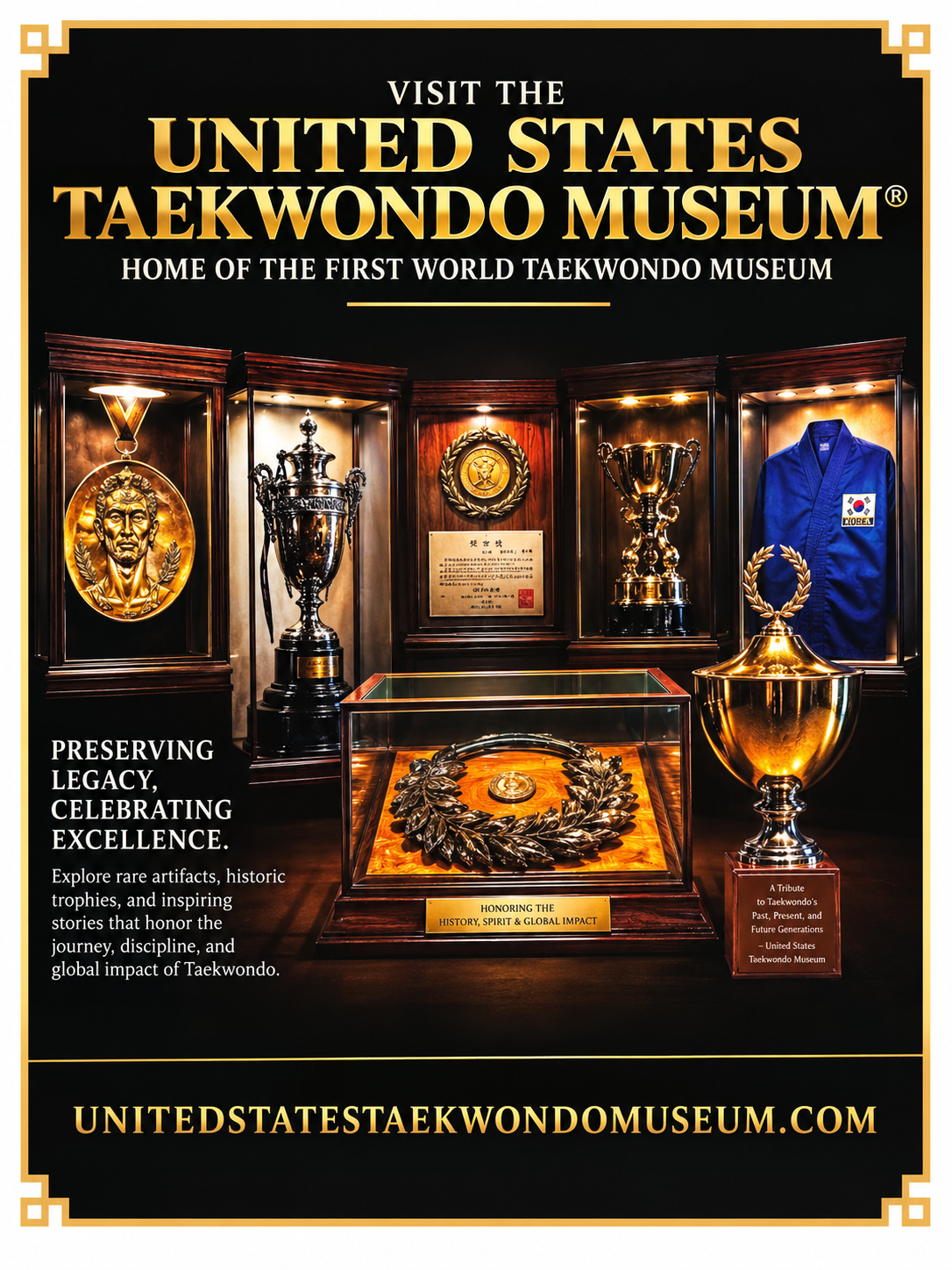 Poster for the United States Taekwondo Museum showing trophies, medals and a Korean team jacket in lit display cases